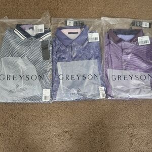 3 Brand New Greyson Men's Polo Shirt Trio - Blue, Purple, Burgundy